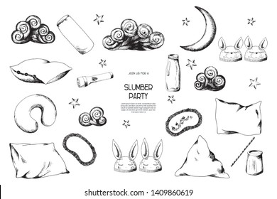 Pajama sleepover party elements sketch kit on white background