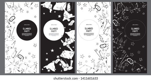 Pajama sleepover party invitations set, flyers kit, cards templates black and white