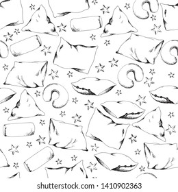 Pajama sleepover party seamless pattern sketch, universal pillows backdrop, textile, wrapping design
