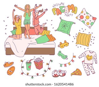 Pajama slumber party drawing set - cute sleepover objects and girl friends in pajamas jumping on the bed. Isolated flat vector illustration collection.