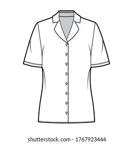 Pajama style blouse technical fashion illustration with notched lapel collar, short sleeves, loose fit body. Flat apparel template front, white color. Women, men unisex CAD garment designer mockup