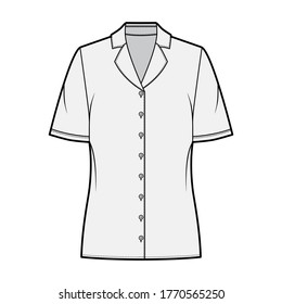 Pajama style blouse technical fashion illustration with notched lapel collar, short sleeves, loose fit body. Flat apparel template front, grey color. Women, men unisex CAD garment designer mockup