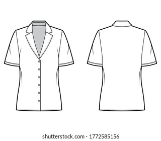 Pajama style blouse technical fashion illustration with retro camp collar, short sleeves, loose fit body. Flat apparel template front, back, white color. Women, men unisex CAD garment designer mockup