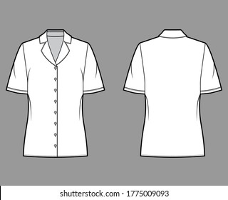 Pajama style blouse technical fashion illustration with notched lapel collar, short sleeves, loose fit body. Flat apparel template front back white color. Women, men unisex CAD garment designer mockup