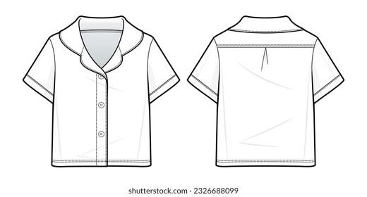 Pajama top flat technical fashion illustration. pajama shirt with Short Sleeve, and Notch Collar fashion flat technical drawing template, front view, back view, white color, women, CAD mockup.