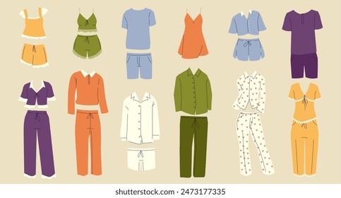 Pajamas. Cartoon kids sleepwear, funny pajama set with different models, cute nightgown clothes for bedtime. Vector isolated collection