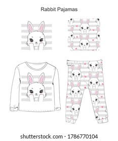 Pajamas with a cute rabbit. Nightgown print design fashion baby clothing. Vector Cute bunny