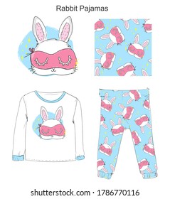 Pajamas with a cute rabbit. Nightgown print design fashion baby clothing. Vector Cute bunny