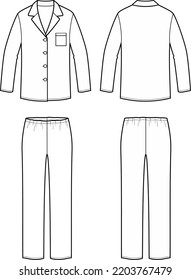 Pajamas flat sketch. Jacket and pants apparel design. Front and back. Women CAD mockup. Fashion technical drawing template. Vector illustration. 