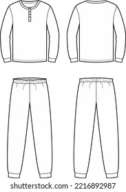 Pajamas flat sketch. Jumper and pants apparel design. Front back. Men home wear CAD mockup. Fashion technical drawing template. Vector illustration.