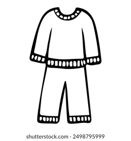 Pajamas hand drawn doodle. Clothes for sleeping in bed. Jacket and pants. Comfort of home. Vector outline line art illustration.