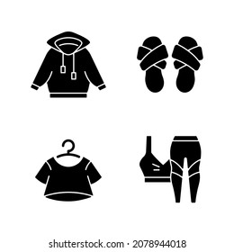 Pajamas for home black glyph icons set on white space. Hoodied shirt. Cross band slippers. Crop top. Trendy sportswear. Comfortable sleepwear. Silhouette symbols. Vector isolated illustration