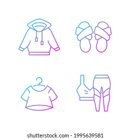 Pajamas para el conjunto de iconos vectoriales lineales de gradiente para el hogar. Camiseta cubierta. Ropa de banda cruzada. Recortar arriba. La ropa deportiva de moda. Conjunto de símbolos de contorno de línea delgada. Colección de ilustraciones de esquemas vectoriales aislados