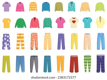 Pajamas icons set cartoon vector. Girl comfy clothes. Outfit fashion woman