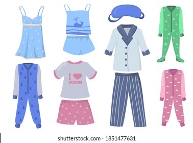 Pajamas for kids and adults set. Shirts and pants or shorts, night wear, sleeping suits isolated on white background. Vector illustration for bedtime, sleeping, clothes concept