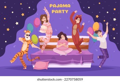 Pajamas party. Cartoon background with sleep time event with funny characters playing games and fighting with pillows exact vector template