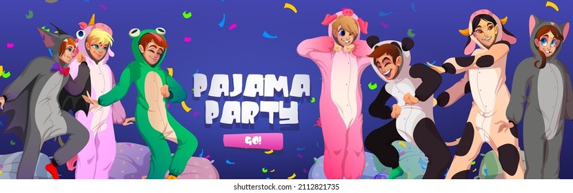 Pajamas Party Cartoon Web-Banner. Die Leute in Kigurumi Tierspumpsklumpen freuen sich über Konfetti und Kissen. Jugendliche mit Trachten wie Frosch, Katze, Kuh und Panda, Schwein, Einhorn und Fledermaus, Vektorgrafik