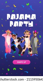 Pajamas party cartoon web banner, invitation. People in kigurumi animal jumpsuits rejoice with confetti falling down. Teenagers wearing costumes cat, cow, and panda, pig Vector mobile app onboard page