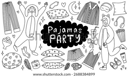 Pajamas party doodle set. Hand drawn vector set of sleeping elements, pajamas, pillows