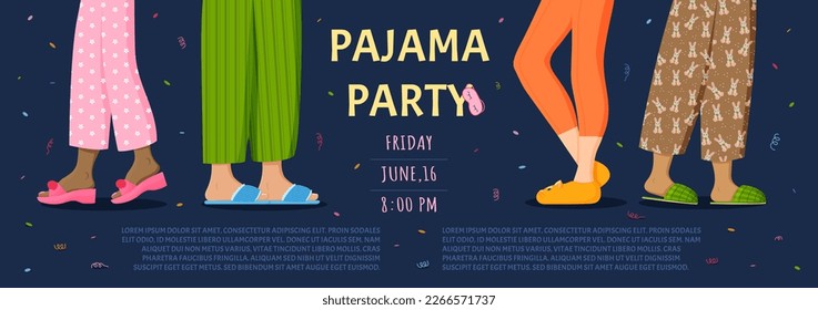 Fiesta de pijamas. Noche de madrugada. Invitación divertida con pantalones para dormir. Vacaciones de moda infantil con almohadas. Piernas en zapatillas. Celebración del cumpleaños. Evento Sleepover. Banner de invitación de vector