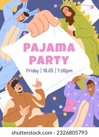 Pajamas party invitation template concept. Young guys and girls in sleepwear near pillow. Friday night party or event. Poster or banner for website. Cartoon flat vector illustration