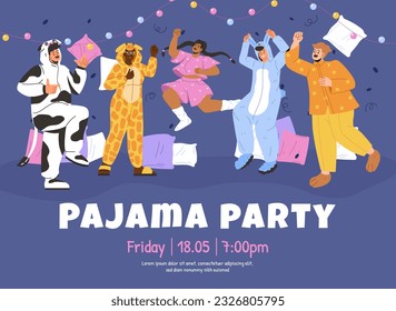 Pajamas party invitation template concept. Young guys and girls in sleepwear. Comfgort and coziness. Evening party or event. Teenagers with pillows and garland. Cartoon flat vector illustration