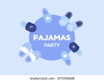 Pajamas party poster or banner with cute home slippers. Invitation for slumber party. Editable vector illustration. Flat design. Blue