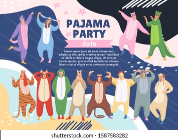 Pajamas party poster on memphis background.women and men are wearing of animals pajamas on Halloween or new Year pajamas party. Suits are from chinese calendar: tiger, monkey, chicken, dragon, pig, 