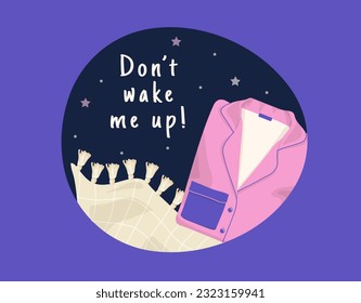 Pajamas party sticker concept. Pillow with inscription dont wake up on background of starry sky. Rest and relax, dream. Cartoon flat vector collection isolated on blue background