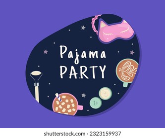 Pajamas party sticker concept. Sleepwear mask with hot drinks, coffee or tea at starry background. Template, layout and mock up. Cartoon flat vector collection isolated on blue background