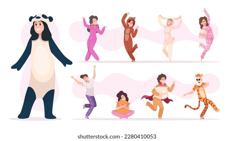 Pajamas people. Happy characters playing in sleeping funny clothes exact vector pictures set
