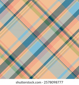 Pajamas plaid pattern background, calm tartan texture vector. Crossed seamless textile check fabric in cyan and orange colors palette.