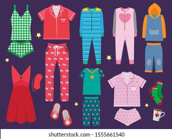 Pajamas set. Sleeping clothes collection for children and adults sleepwear textile vector colored cartoon illustrations