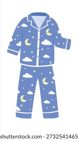 Pijama Vector en estilo de dibujos animados. Pijama azul Clipart con la luna, las estrellas, y el patrón de la nube. Linda ilustración de ropa para dormir aislada. Ropa de dormir, ropa de noche, Clipart de elementos para dormir.