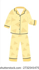 Pijama Vector en estilo de dibujos animados. Conjunto de pijama amarillo con patrón de triángulo geométrico. Acogedor Clipart de ropa de cama aislado. Ropa de noche, Clipart de ropa de dormir. Elemento de suspensión