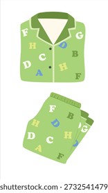Pijama Vector en estilo de dibujos animados. Pijama de niño verde doblado con patrón de letras del alfabeto. Clipart lindo de la ropa de dormir aislado en el fondo blanco. Elemento de suspensión