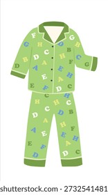 Pijama Vector en estilo de dibujos animados. Pijama de niño verde doblado con patrón de letras del alfabeto. Clipart lindo de la ropa de dormir aislado en el fondo blanco. Elemento de suspensión