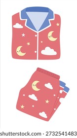 Pijama Vector en estilo de dibujos animados. Clipart de pijama rojo con la luna, las estrellas, y el patrón de la nube. Linda ilustración de ropa para dormir aislada. Ropa de dormir, ropa de noche, Clipart de elementos para dormir.