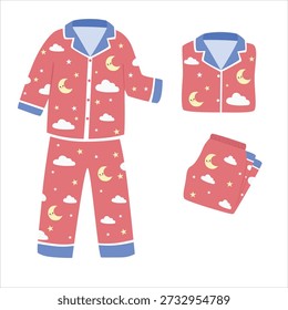 Pijama Vector en estilo de dibujos animados. Clipart de pijama rojo con la luna, las estrellas, y el patrón de la nube. Linda ilustración de ropa para dormir aislada. Ropa de dormir, ropa de noche, Clipart de elementos para dormir.