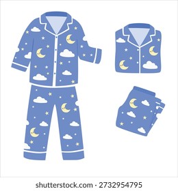 Pijama Vector en estilo de dibujos animados. Pijama azul Clipart con la luna, las estrellas, y el patrón de la nube. Linda ilustración de ropa para dormir aislada. Ropa de dormir, ropa de noche, Clipart de elementos para dormir.