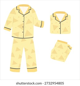 Pijama Vector en estilo de dibujos animados. Conjunto de pijama amarillo con patrón de triángulo geométrico. Acogedor Clipart de ropa de cama aislado. Ropa de noche, Clipart de ropa de dormir. Elemento de suspensión
