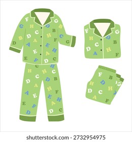 Pijama Vector en estilo de dibujos animados. Pijama de niño verde doblado con patrón de letras del alfabeto. Clipart lindo de la ropa de dormir aislado en el fondo blanco. Elemento de suspensión
