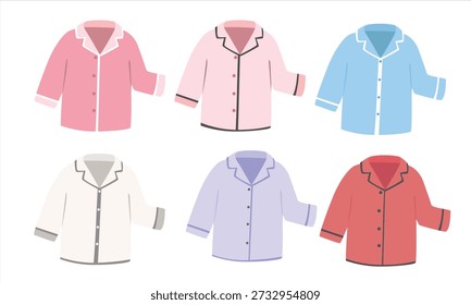 Vector de pijama en estilo de dibujos animados. Conjunto Clipart de camisa de pijama en colores pastel suaves que incluyen rosa, azul y beige. Clipart de ilustración de ropa de dormir y ropa de cama aislado. Elemento de suspensión