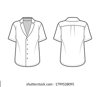 Ilustración técnica de la moda de la camisa estilo pajama con silueta suelta, fijaciones del botón delantero del cuello puntiagudo, mangas cortas. Plantilla de ropa plana de color blanco delantero. Mujeres hombres unisex top