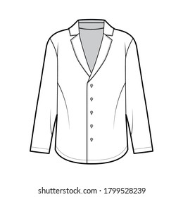 Ilustración técnica de la moda de la camisa de estilo pajama con silueta suelta, cuello de muesca puntiagudo, fijaciones del botón delantero, mangas largas. Plantilla de ropa plana de color blanco delantero. Mujeres hombres unisex top