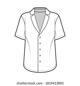 Pajama-style shirt technical fashion illustration with loose silhouette, pointed notch collar, front button fastenings, short sleeves. Flat apparel template front white color. Women men unisex top