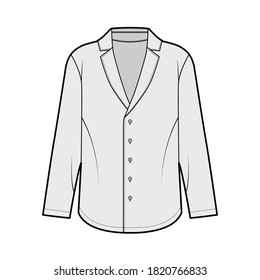 Ilustración técnica de la moda de la camisa de estilo pajama con silueta suelta, cuello de muesca puntiagudo, fijaciones del botón delantero, mangas largas. Color gris frontal de la plantilla de prendas planas. Mujeres hombres unisex top