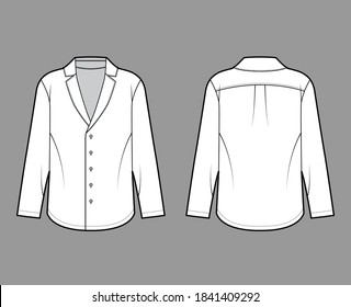 Ilustración técnica de la moda de la camisa de estilo pajama con silueta suelta, cuello de muesca puntiagudo, fijaciones del botón delantero, mangas largas. Plantilla de ropa plana de color blanco delantero. Mujeres hombres unisex top