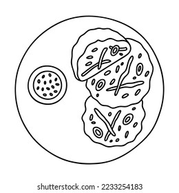 Pajeon with soy sauce and sesame on the plate, korean traditional food. Vector outline illustration.