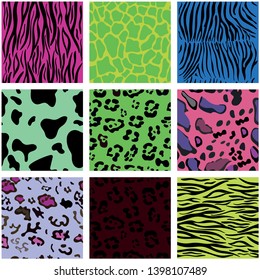 Pak seamless patterns of animal pop art skin . Vector set of nine patterns.